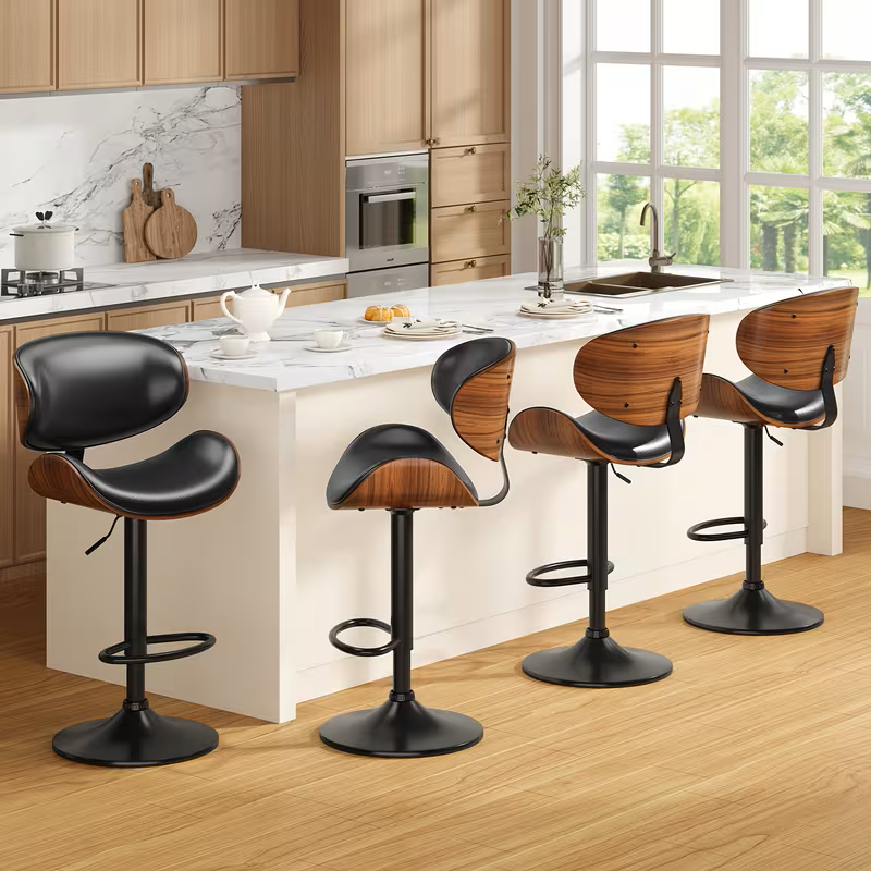 Bentwood Mid-century Bar Stool (Black leather + Matte base)