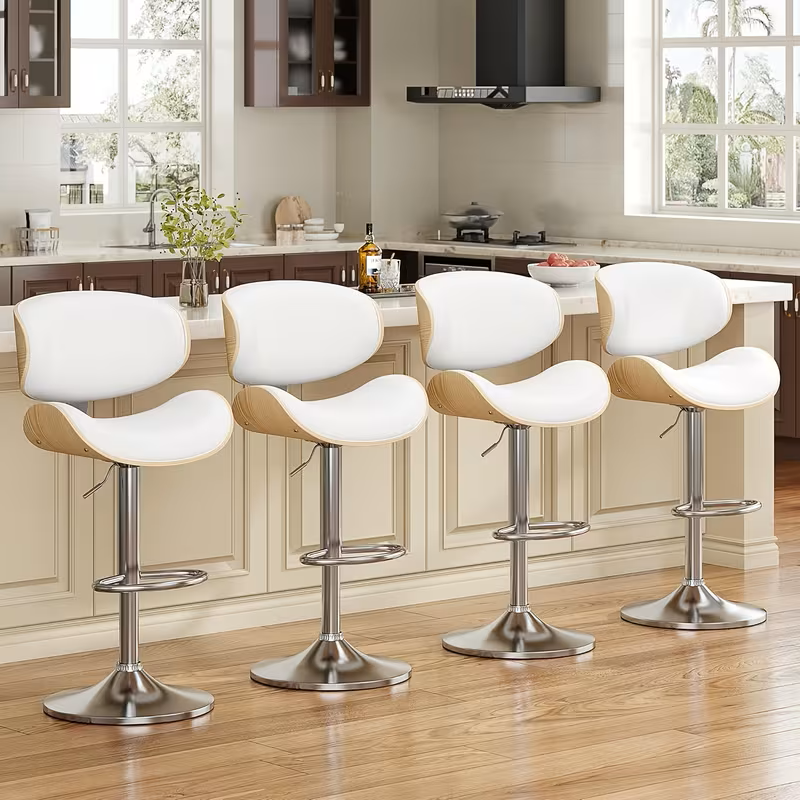 Bentwood Mid-century Bar Stool (White leather + Brushed silver base + Light-wood shell)