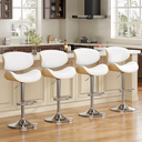 Bentwood Mid-century Bar Stool (White leather + Brushed silver base + Light-wood shell)